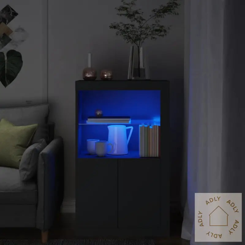 Sideskap Med Led-Lys Svart Konstruert Tre