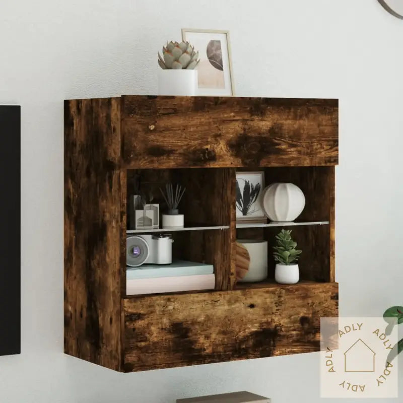 Vegghengt Tv-Benk Med Led-Lys Røkt Eik 58,5X30X60,5 Cm