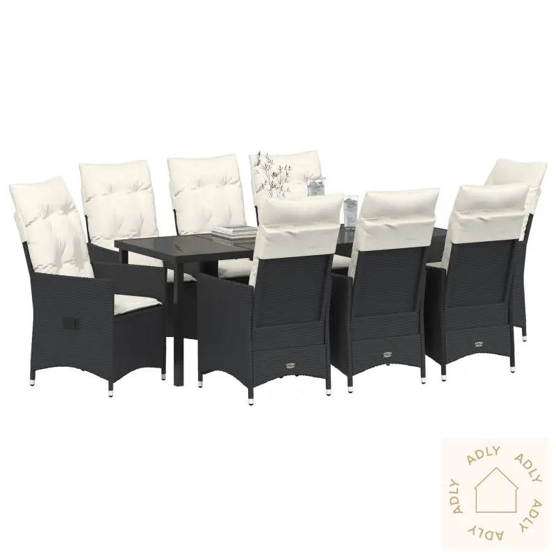 9-Delt Hage Spisebord Sett Med Puter Svart Poly Rattan