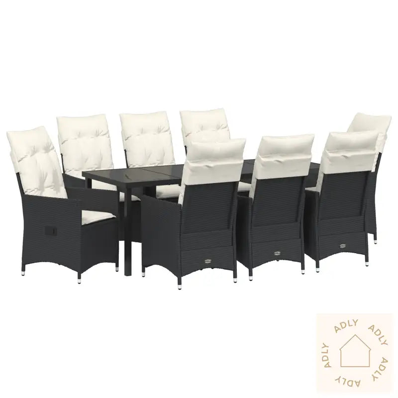 9-Delt Hage Spisebord Sett Med Puter Svart Poly Rattan