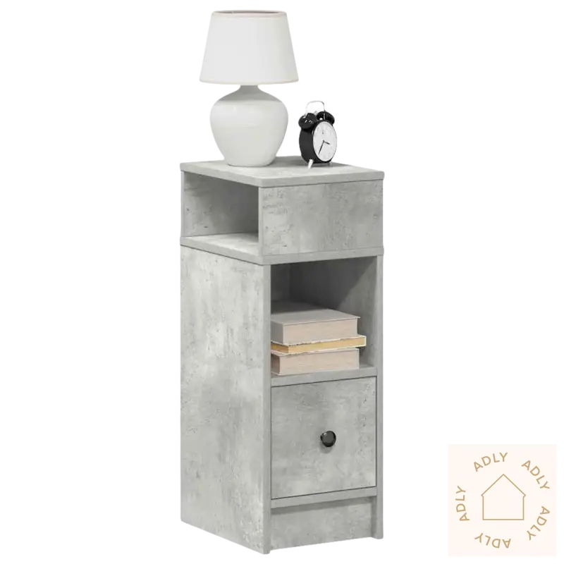 Gray nattbord med moderne design, lampe og klokke — perfekt som praktisk nattbord møbler