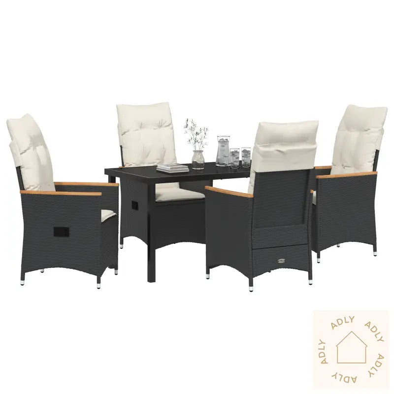 5-Delt Hage Spise Set Med Puter Svart Poly Rattan