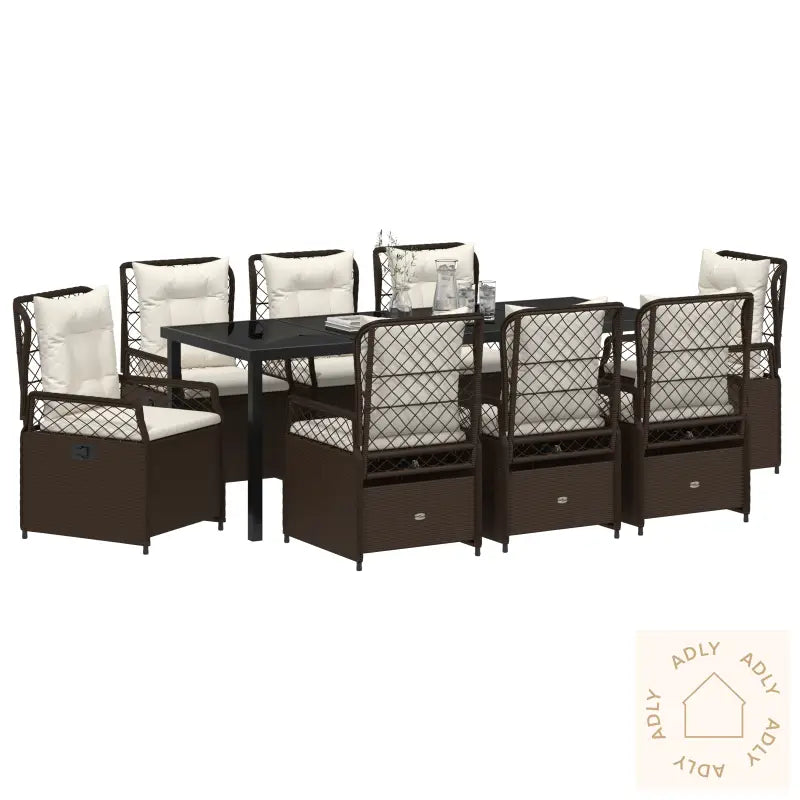 9-Delt Hage Spisestue Set Brun Poly Rattan