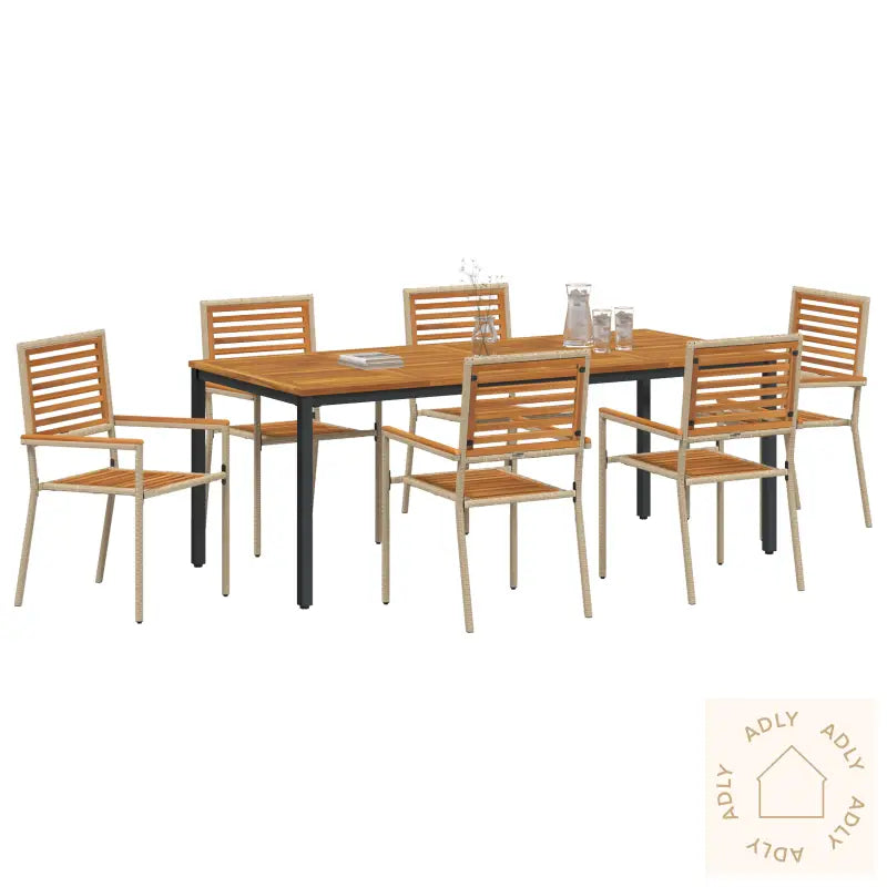 7-Delt Hage Spisestue Sett Beige Poly Rattan Akacia