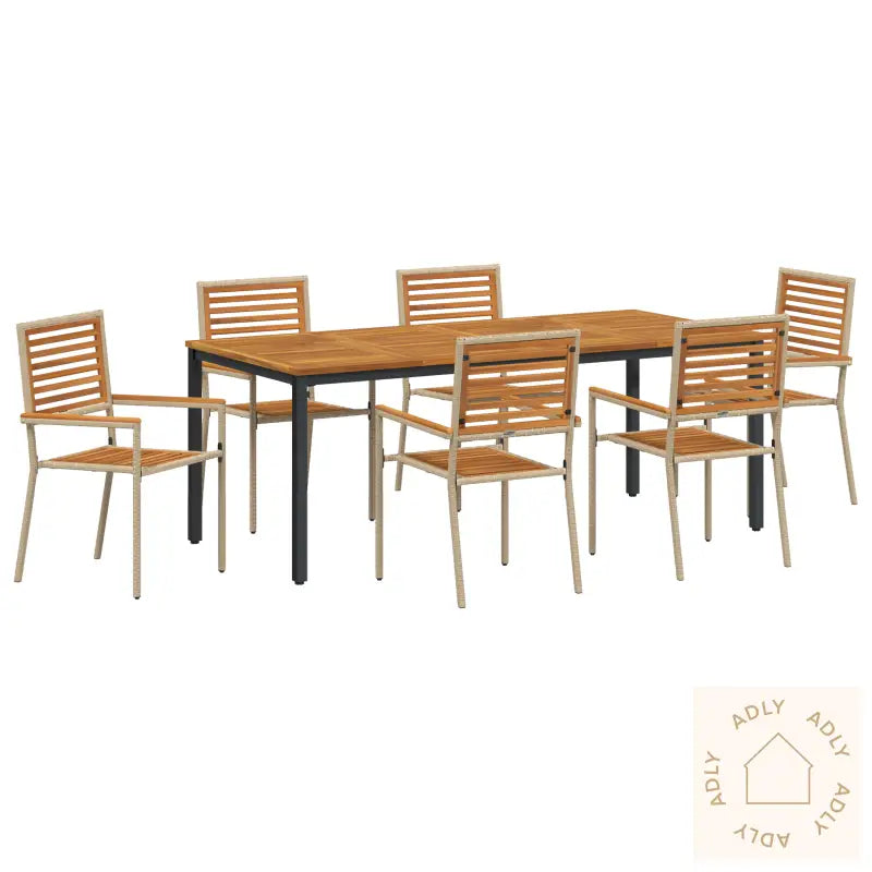 7-Delt Hage Spisestue Sett Beige Poly Rattan Akacia