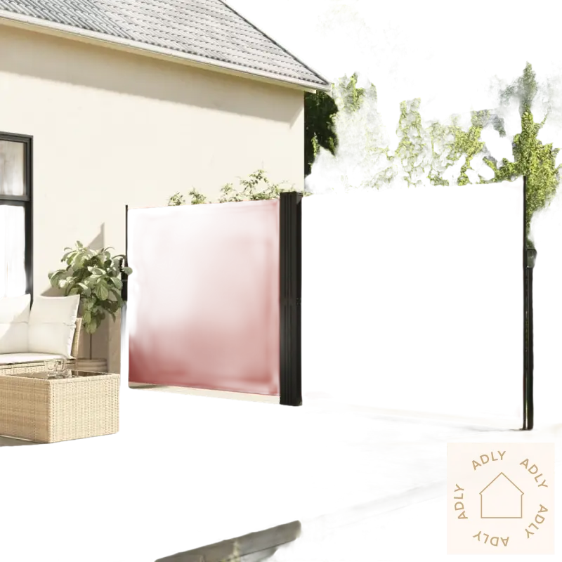 Red retraktabel sidemarkise for uteplassen med moderne hagemøbler og møbler til hjemmet