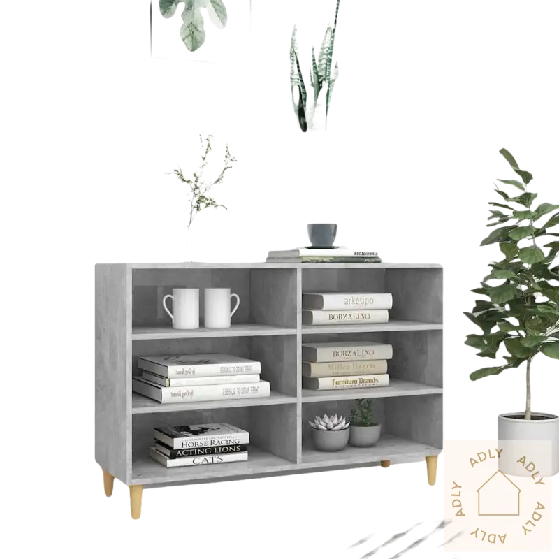 Grå bokhylle med tresportes i heltre eukalyptus, skandinavisk design, perfekt som hagemøbler