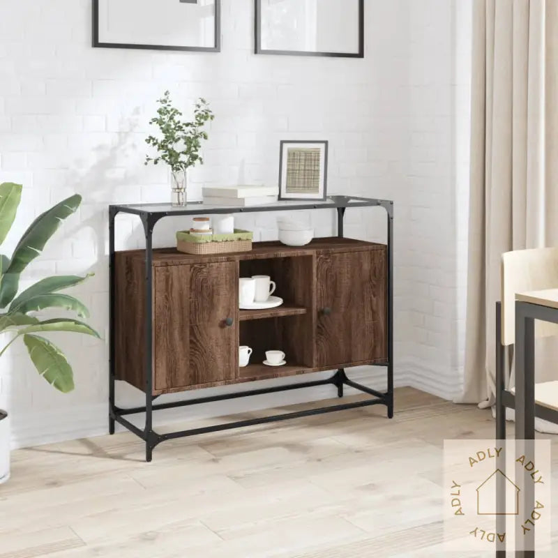 Skjenk Med Glasstopp Brun Eik 98X35X81 Cm Konstruert Tre