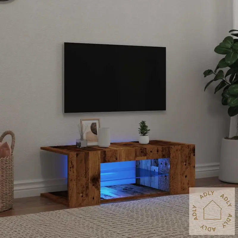 Tv-Benk Med Led-Lys Gammelt Tre 90X39X30 Cm Konstruert Tre