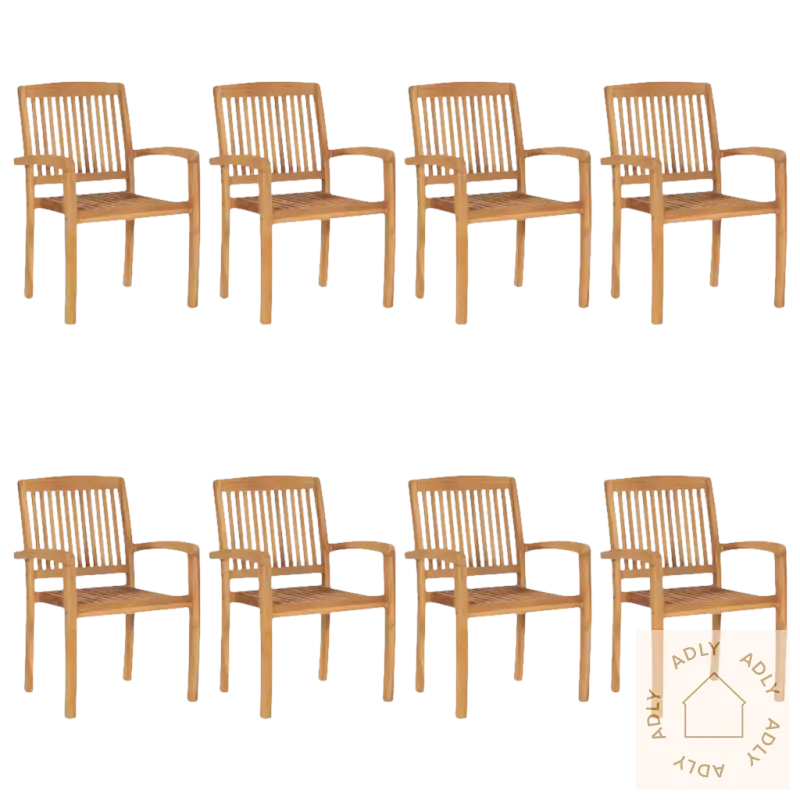 Åtte finstilte teak hagestoler med rustikk sjarm og vannbasert finish