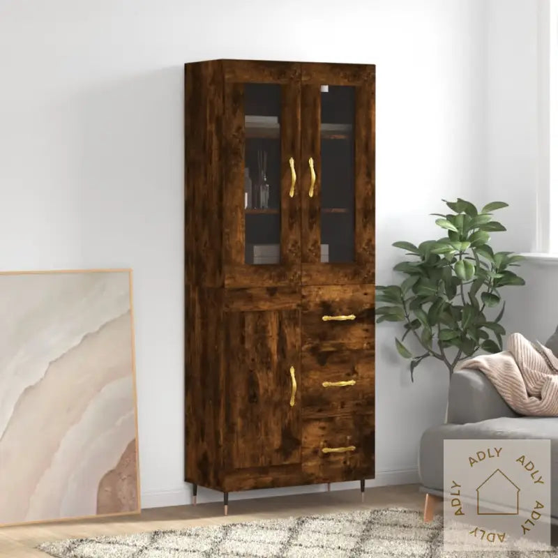 Highboard Røkt Eik 69,5X34X180 Cm Konstruert Tre