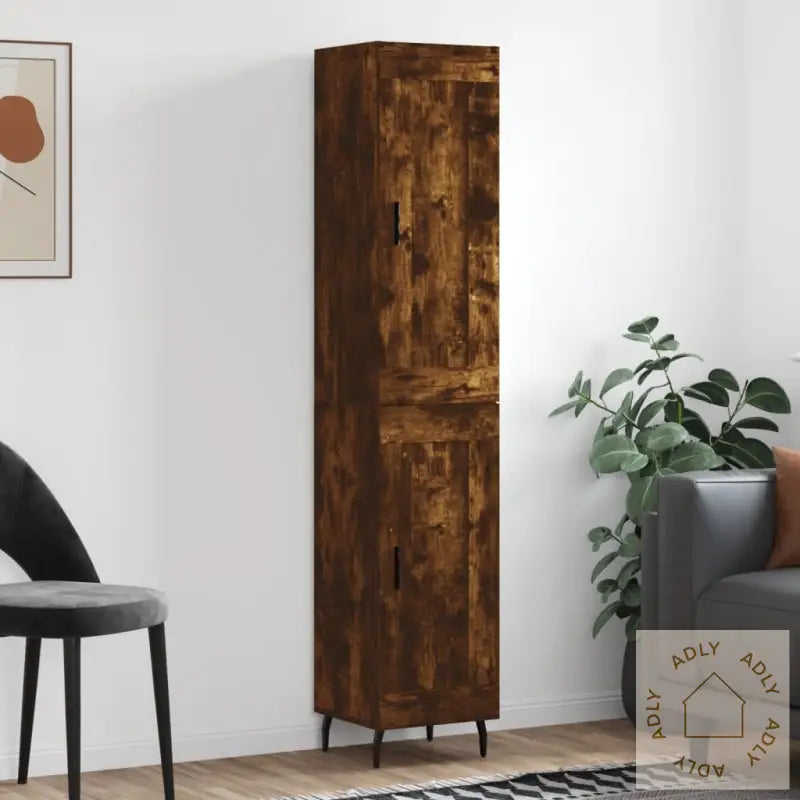 Highboard Røkt Eik 34,5X34X180 Cm Konstruert Tre