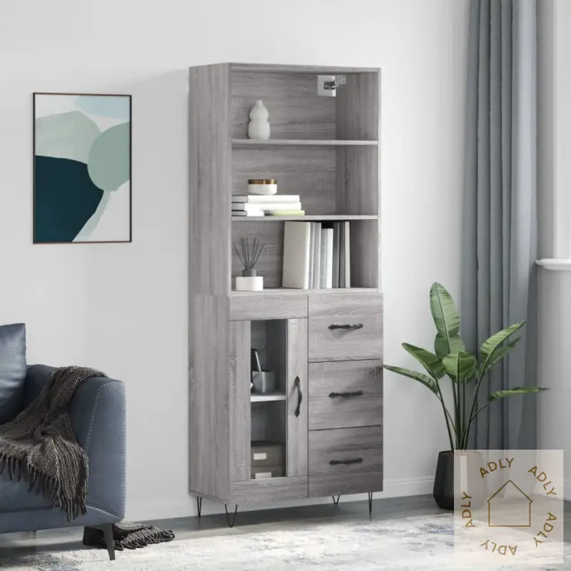 Highboard Grå Sonoma 69,5X34X180 Cm Konstruert Tre