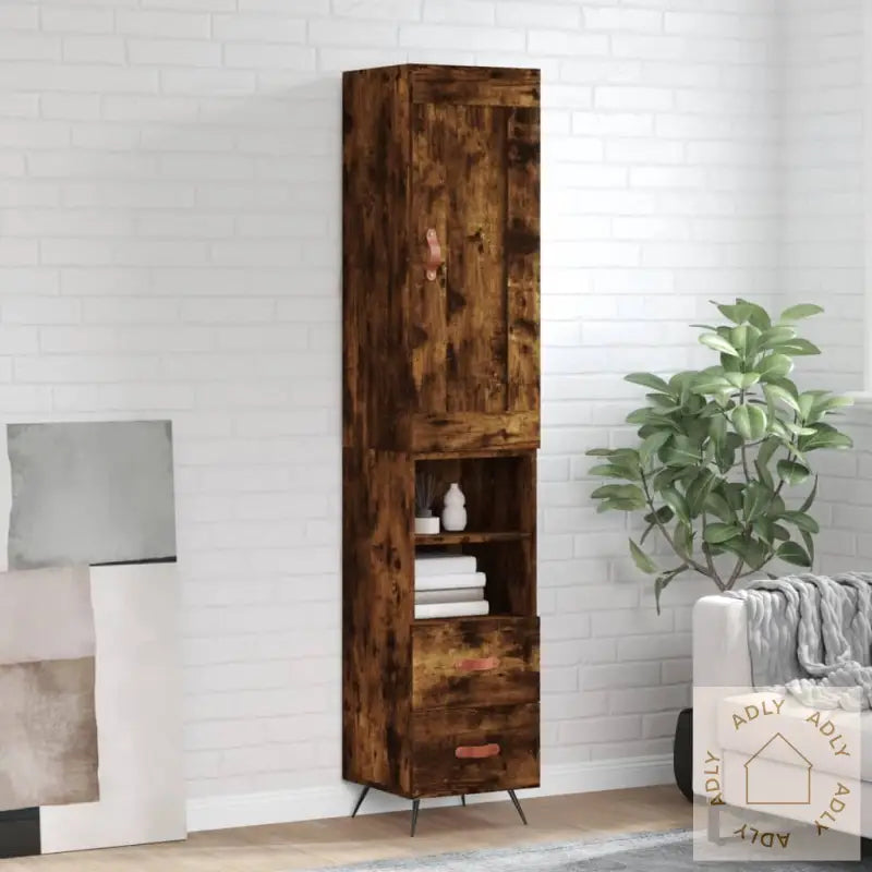 Highboard Røkt Eik 34,5X34X180 Cm Konstruert Tre