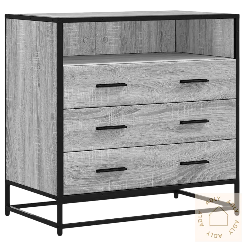 Gray tre-drawer kommode med treverk og metallramme, perfekt som møbler til hjemmet