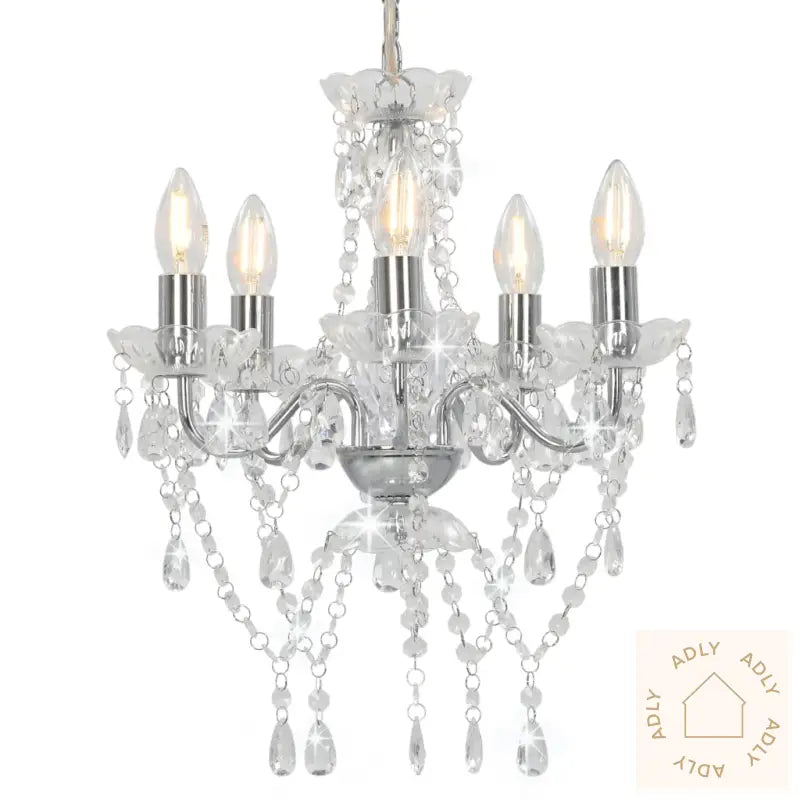 Lysekrone Med Krystallperler Sølv Rund 5 X E14