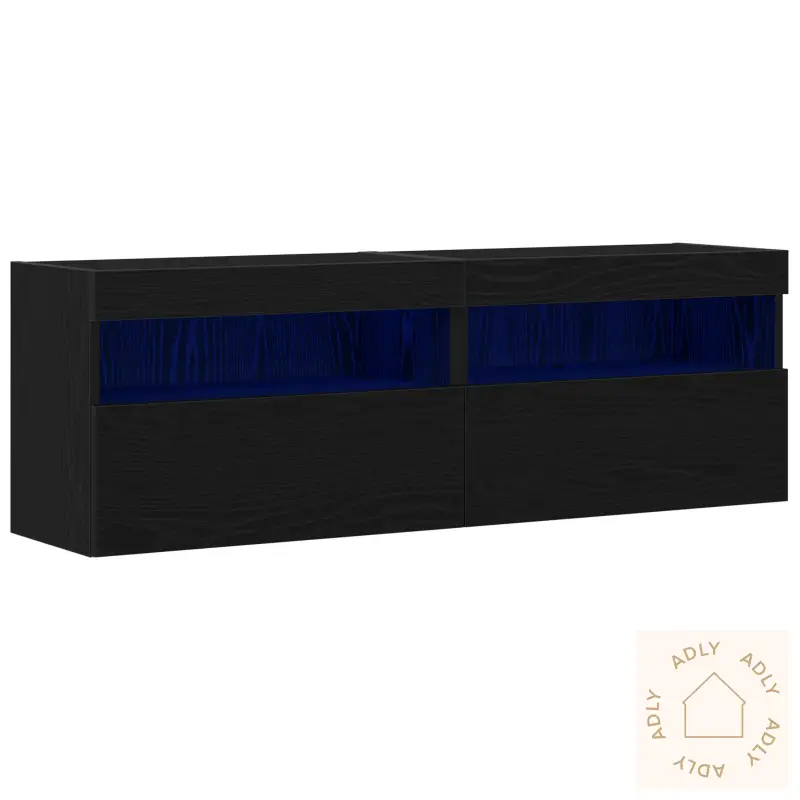 Tv Veggskap Med Led Lys 2 Stk Svart Eik 60X30X40 Cm