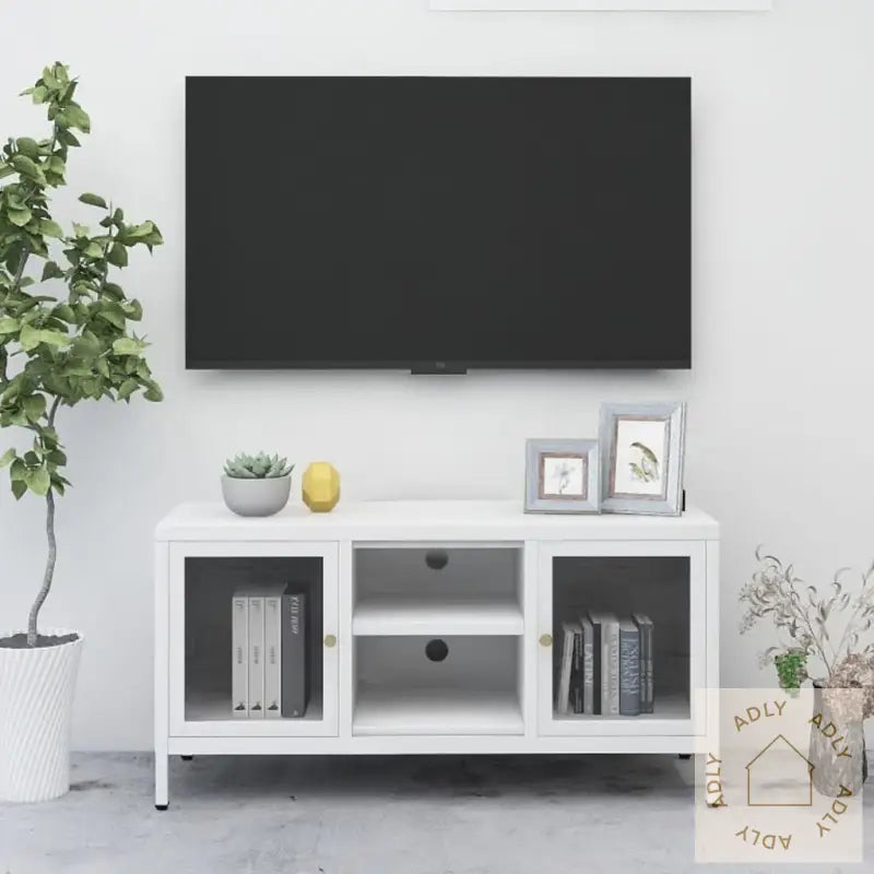 Tv-Benk Hvit 105X35X52 Cm Stål Og Glass