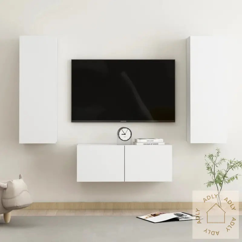 Tv-Benksett 3 Deler Hvit Konstruert Tre