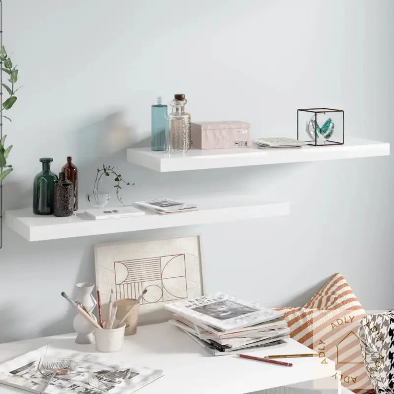 Flytende Vegghyller 2 Stk Høyglans Hvit 80X23,5X3,8 Cm Mdf