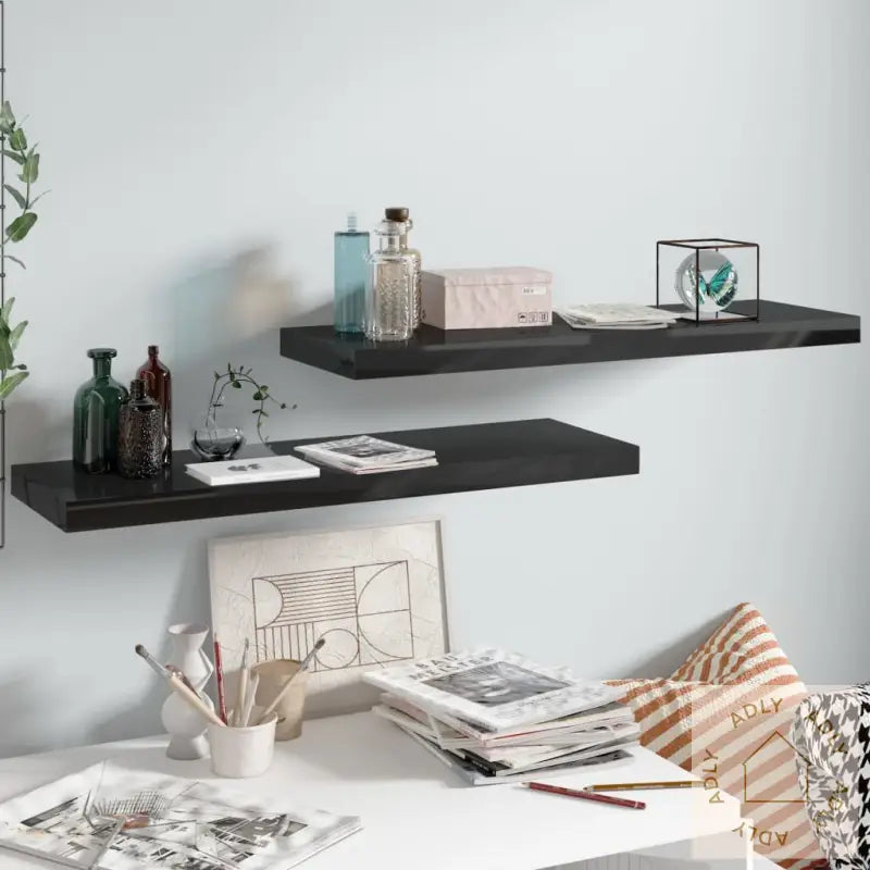 Flytende Vegghyller 2 Stk Høyglans Svart 80X23,5X3,8 Cm Mdf