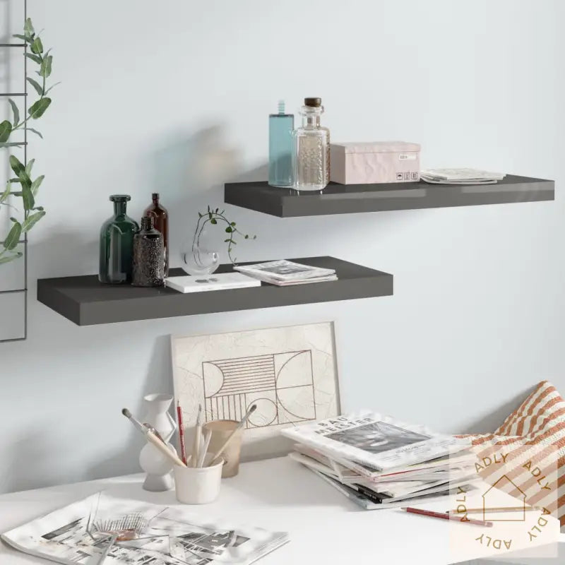 Flytende Vegghyller 2 Stk Høyglans Grå 60X23,5X3,8 Cm Mdf