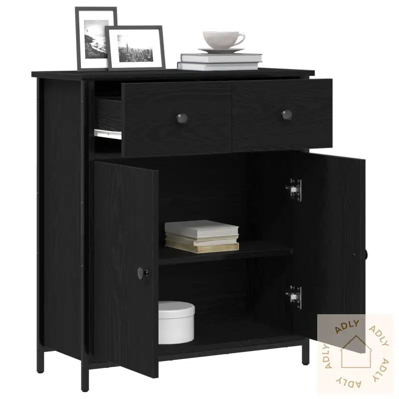 Sideboard Svart Eik 70X30X80 Cm Ingeniørtre Og Stål