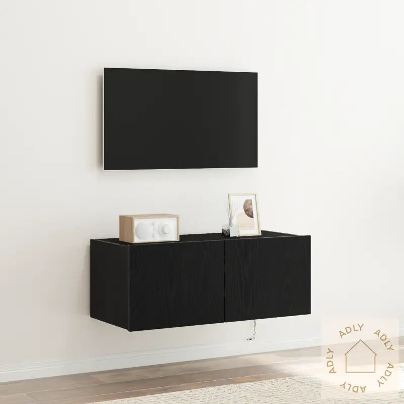 Tv Veggskap Med Led Lys Svart Eik 80X35X31 Cm