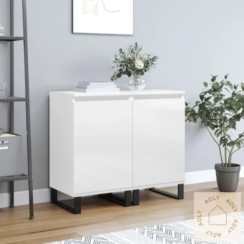 Skjenker 2 Stk Høyglans Hvit 40X35X70 Cm Konstruert Tre