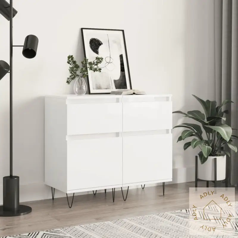 Skjenker 2 Stk Høyglans Hvit 40X35X70 Cm Konstruert Tre