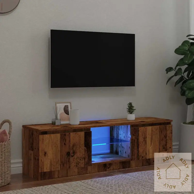 Tv-Benk Med Led-Lys Gammelt Tre 120X30X36 Cm Konstruert Tre