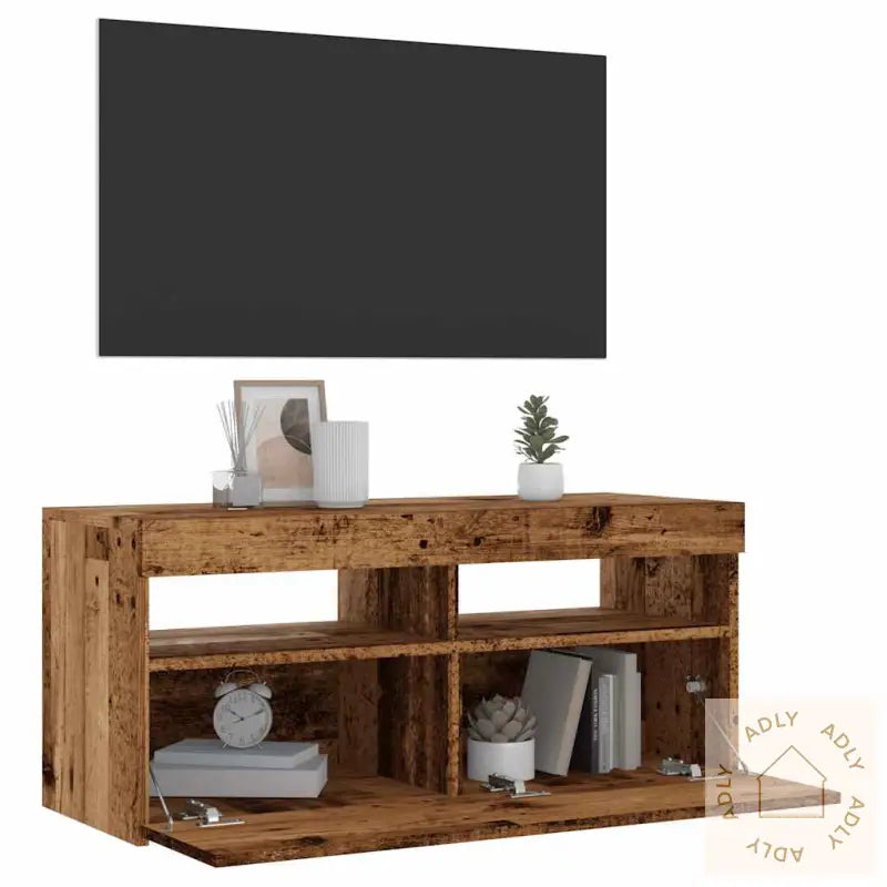 Tv-Benk Med Led-Lys Gammelt Tre 90X35X40 Cm Konstruert Tre