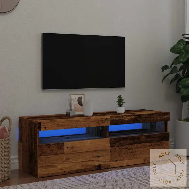 Tv-Benk Med Led-Lys Gammelt Tre 120X35X40 Cm Konstruert Tre