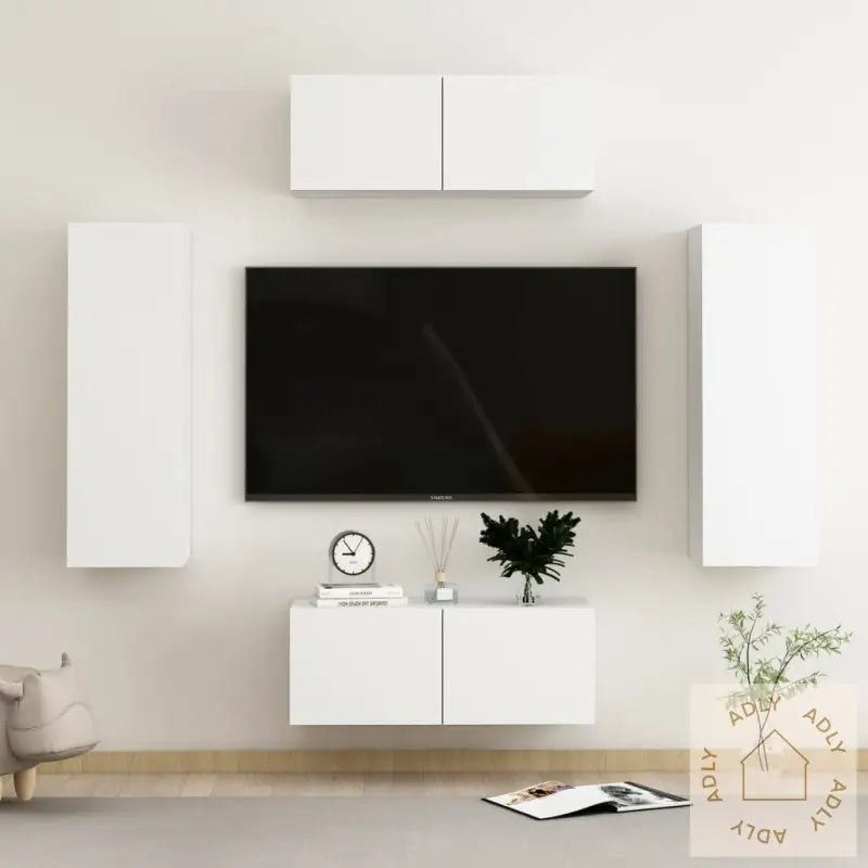 Tv-Benksett 4 Deler Hvit Konstruert Tre