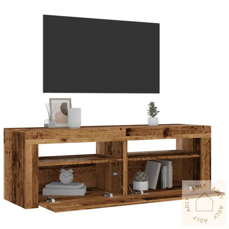 Tv-Benk Med Led-Lys Gammelt Tre 120X35X40 Cm Konstruert Tre