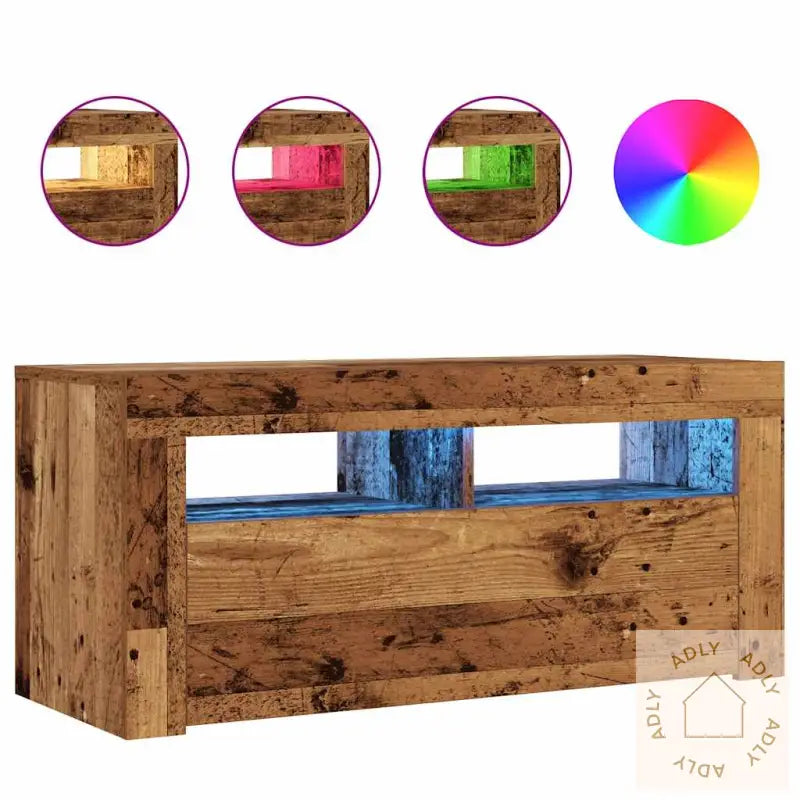 Tv-Benk Med Led-Lys Gammelt Tre 90X35X40 Cm Konstruert Tre