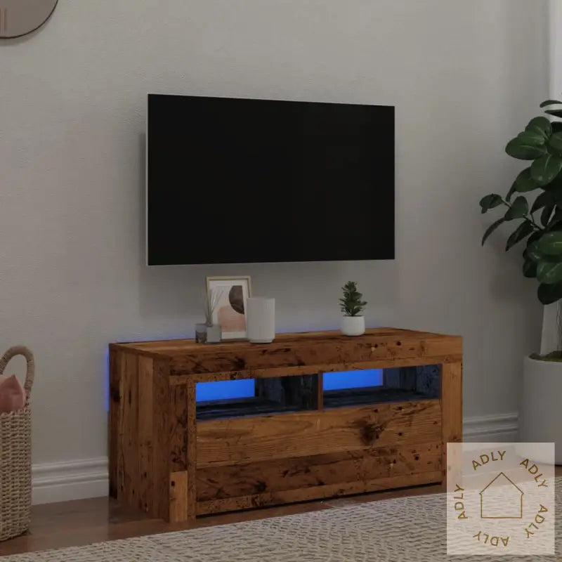 Tv-Benk Med Led-Lys Gammelt Tre 90X35X40 Cm Konstruert Tre