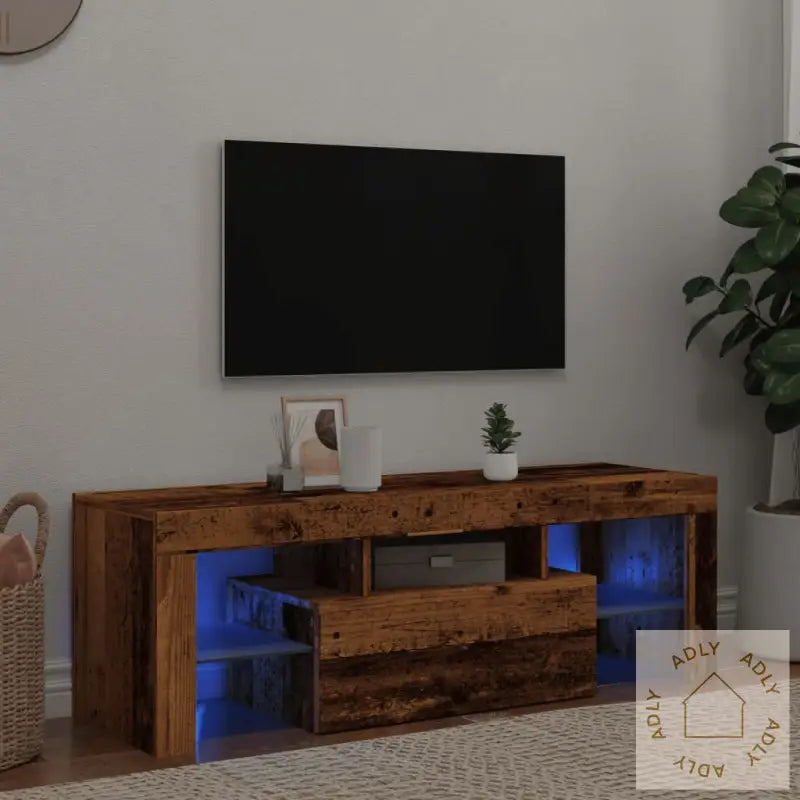 Tv-Benk Med Led-Lys Gammelt Tre 120X36,5X40 Cm Konstruert Tre