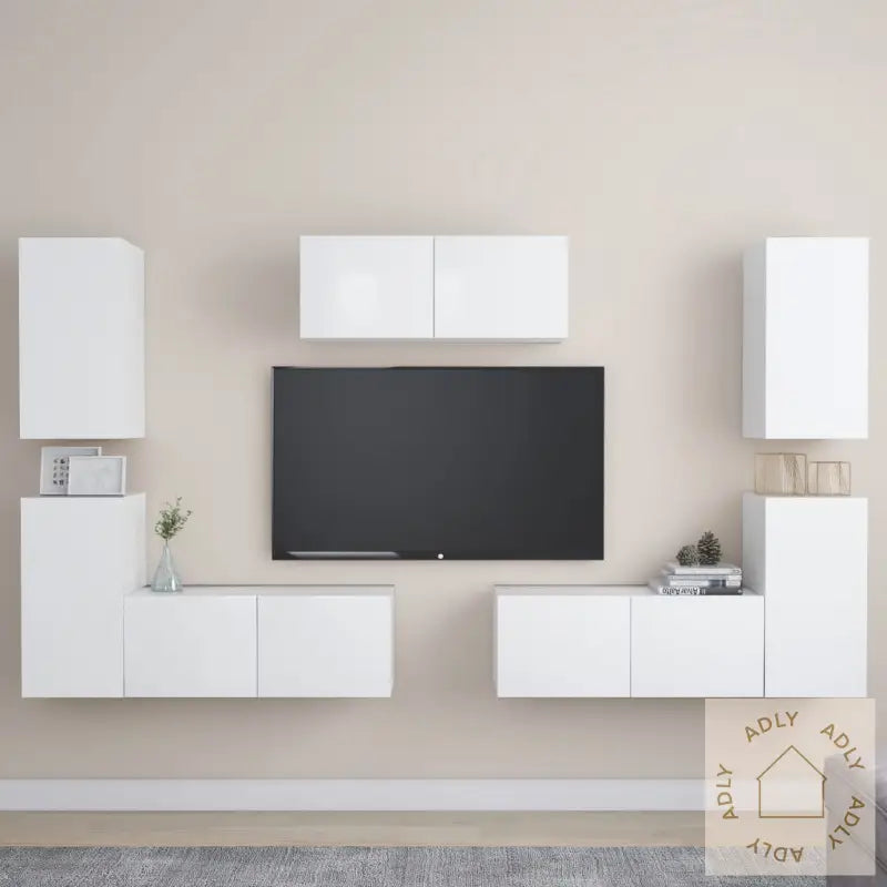 Tv-Benksett 7 Deler Hvit Konstruert Tre