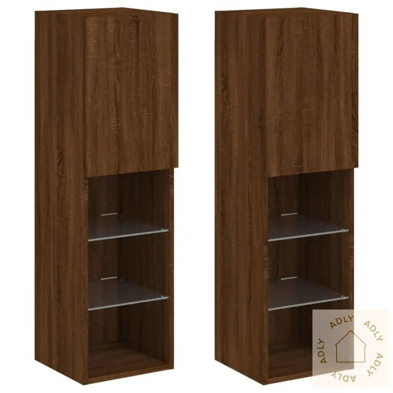 Tv-Benker Med Led-Lys 2 Stk Brun Eik 30,5X30X102 Cm