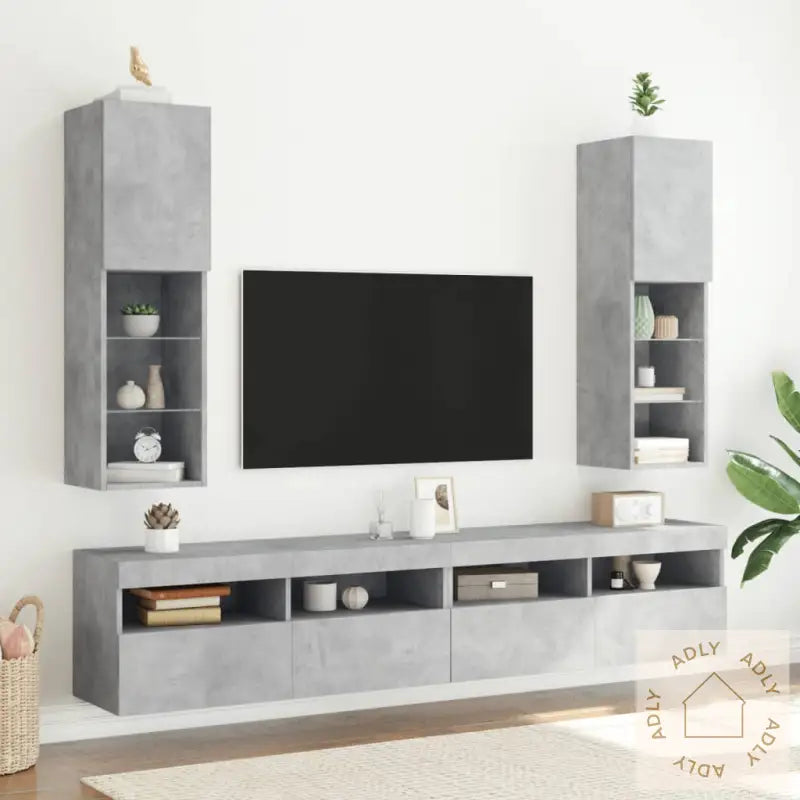 Tv-Benker Med Led-Lys 2 Stk Betonggrå 30,5X30X102 Cm