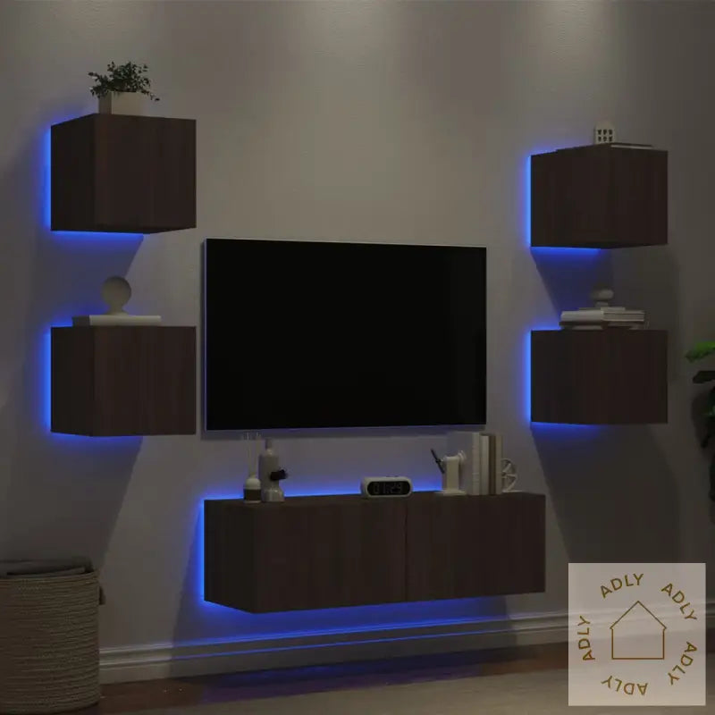 Vegghengte Tv-Benker Med Led 5 Stk Brun Eik