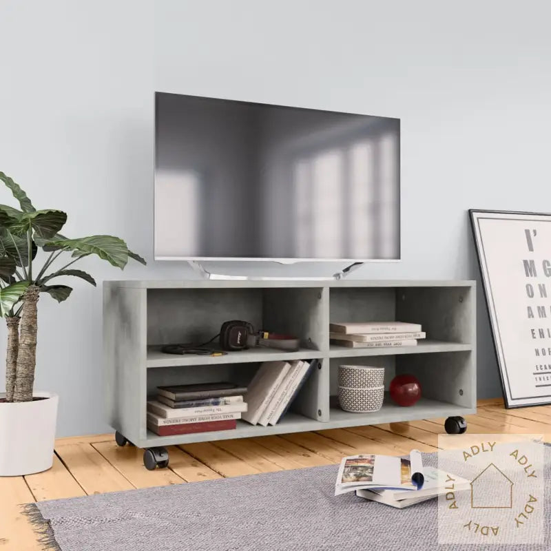 Tv-Benk Med Hjul Betonggrå 90X35X35 Cm Konstruert Tre