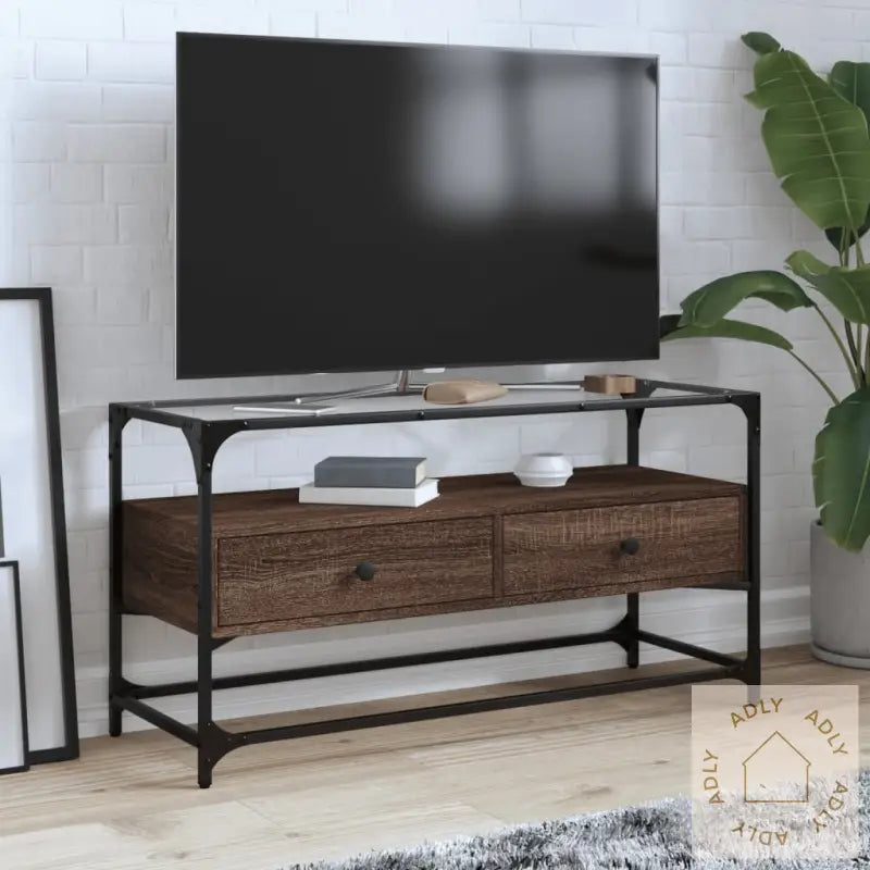 Tv-Benk Med Glasstopp Brun Eik 98X35X51 Cm Konstruert Tre