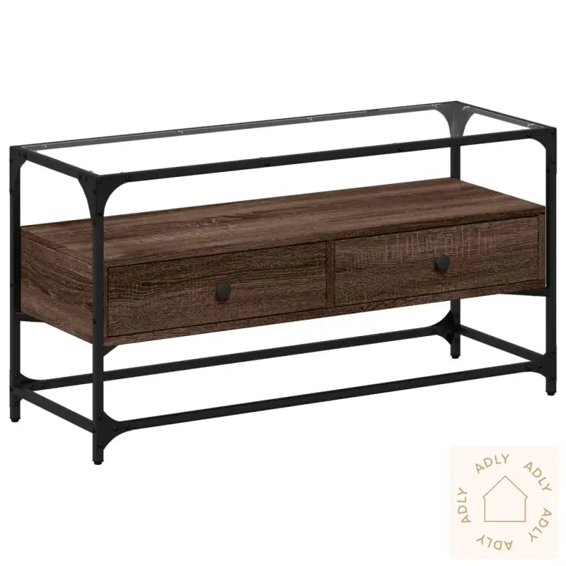 Tv-Benk Med Glasstopp Brun Eik 98X35X51 Cm Konstruert Tre