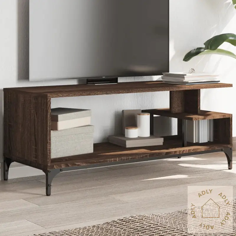 Tv-Benk Brun Eik 102X40X41 Cm Konstruert Tre Pulverlakkert Stål