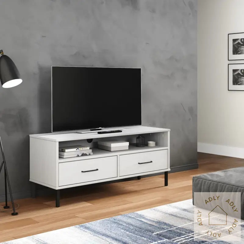Tv-Benk Med Metallben Hvit Heltre Furu Oslo