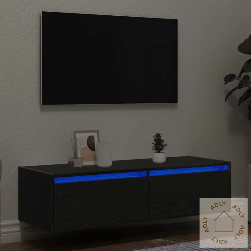 Tv-Benk Med Led-Lys Svart Eik 100X35,5X25 Cm