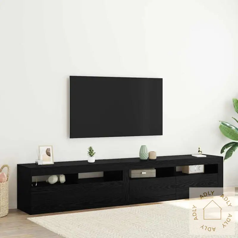 Tv Skap 2 Stk Med Led Lys, Svart Eik, Konstruert Tre