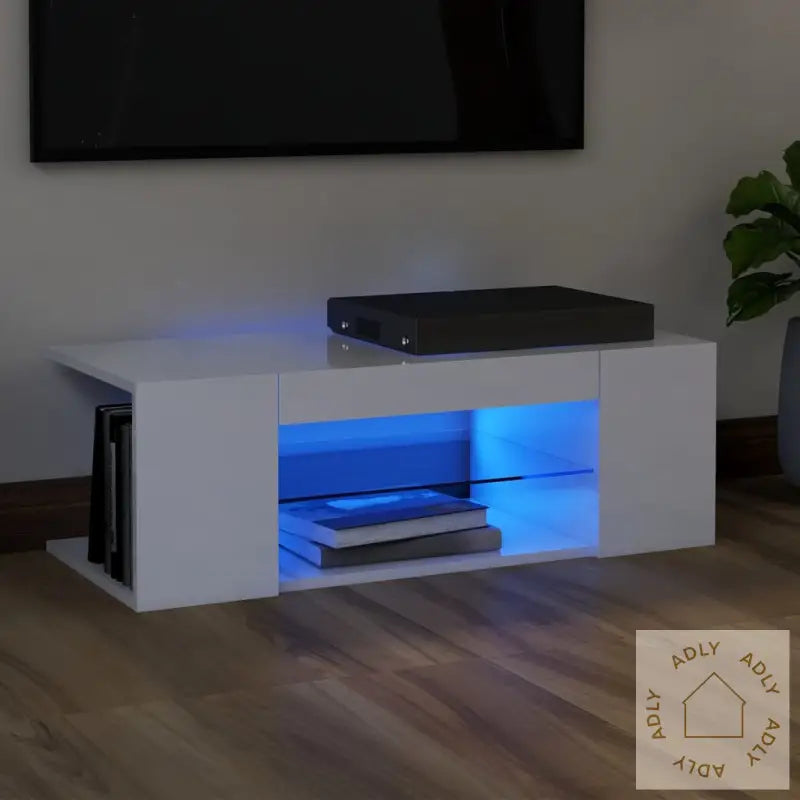 Tv-Benk Med Led-Lys Høyglans Hvit 90X39X30 Cm